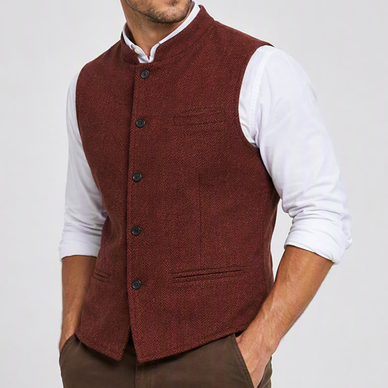 Gilet de costume pour homme en tweed à chevrons et col mandarin - image 2