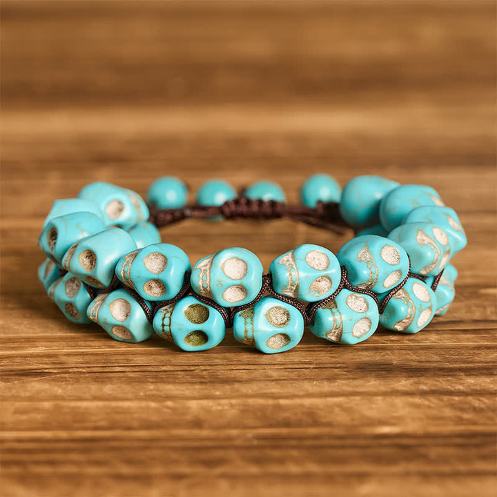 Bracelet gothique turquoise à tête de mort et perles tressées ajustables - Bleu - image 0