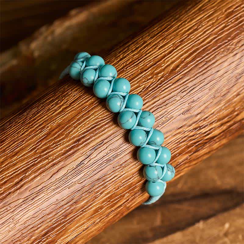 Bracelet macramé double rangée de perles turquoise, aux vertus curatives - image 1