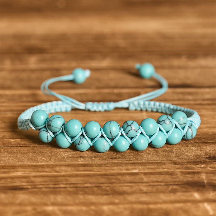 Bracelet macramé double rangée de perles turquoise, aux vertus curatives - Turquoise clair - image 0