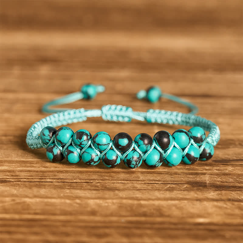 Bracelet macramé double rangée de perles turquoise, aux vertus curatives - Turquoise foncé - image 12