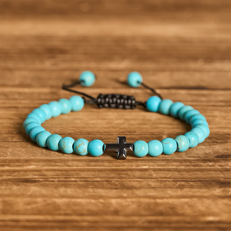 Bracelet ajustable en perles turquoise avec croix de la foi - Turquoise - image 4