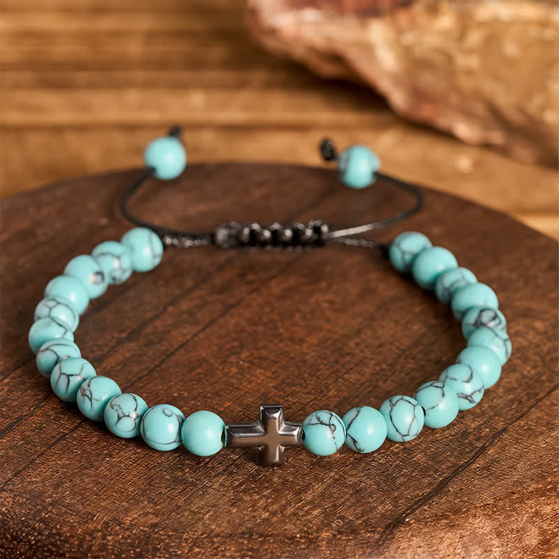 Bracelet ajustable en perles turquoise avec croix de la foi - image 2