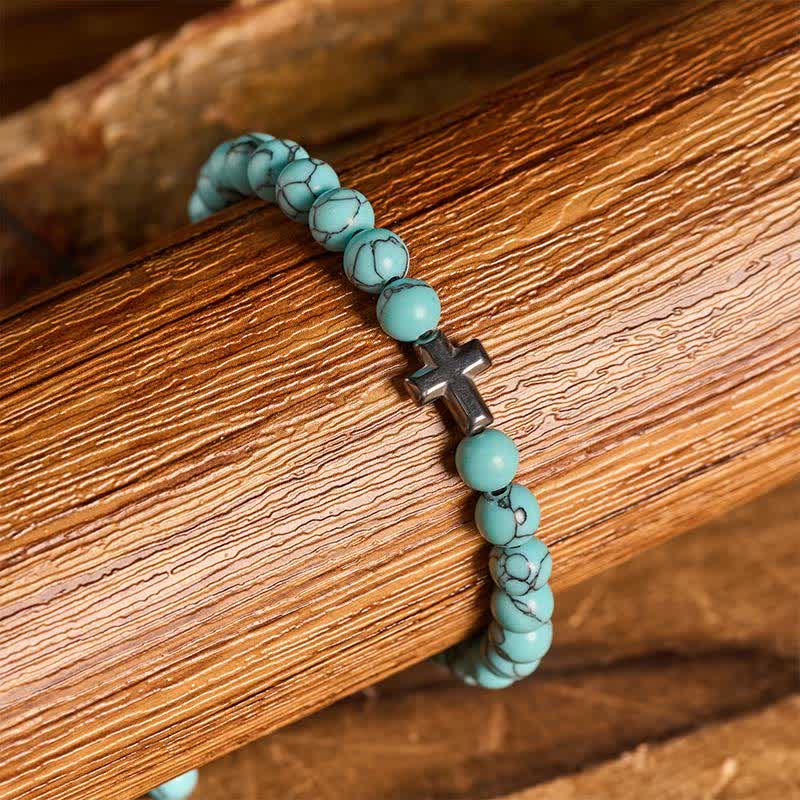 Bracelet ajustable en perles turquoise avec croix de la foi - image 1