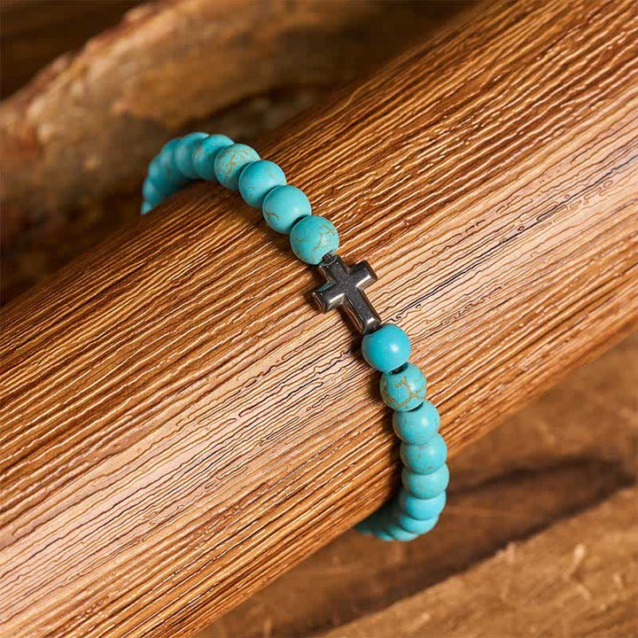 Bracelet ajustable en perles turquoise avec croix de la foi - image 5