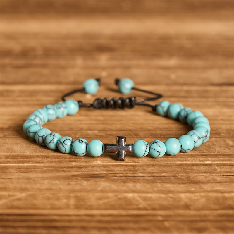 Bracelet ajustable en perles turquoise avec croix de la foi - Turquoise clair - image 0