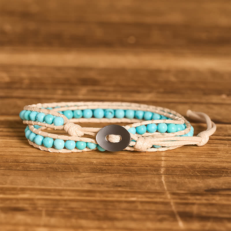 Bracelet double tour épuré en perles turquoise avec cordon beige - Turquoise - image 0