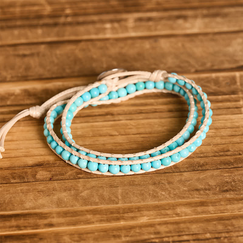 Bracelet double tour épuré en perles turquoise avec cordon beige - image 3