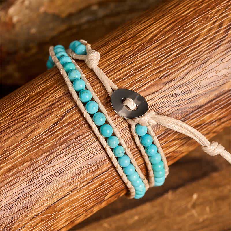 Bracelet double tour épuré en perles turquoise avec cordon beige - image 1