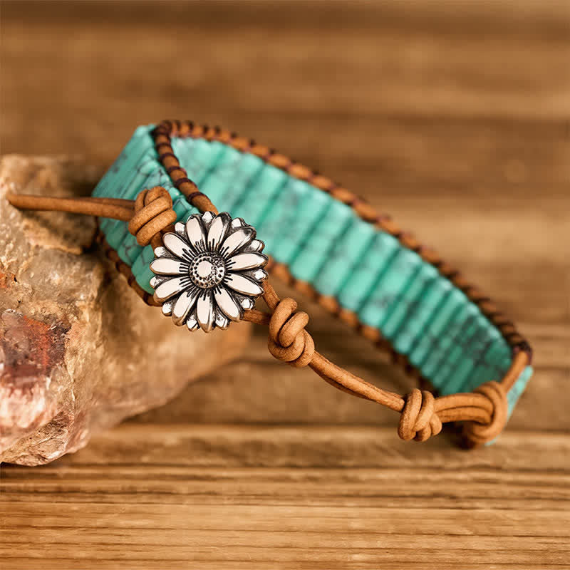 Bracelet en cuir turquoise avec bouton tournesol - image 6