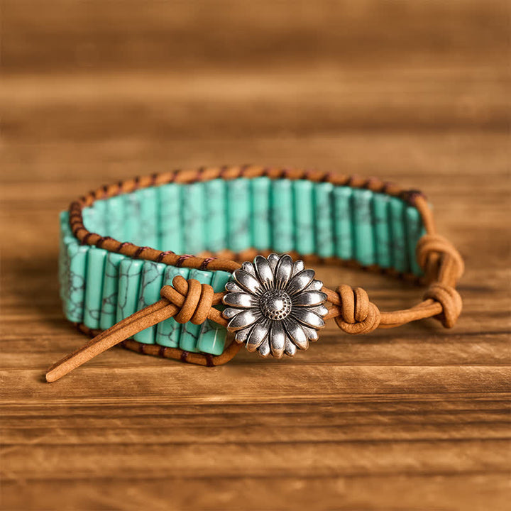 Bracelet en cuir turquoise avec bouton tournesol - Turquoise - image 4