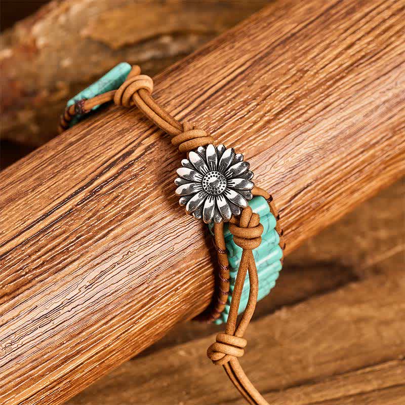 Bracelet en cuir turquoise avec bouton tournesol - image 5