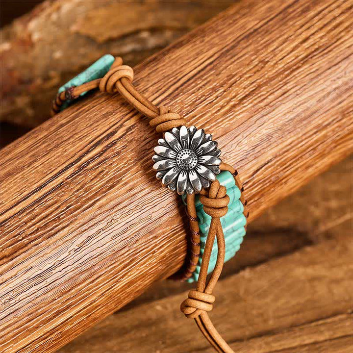 Bracelet en cuir turquoise avec bouton tournesol - image 5