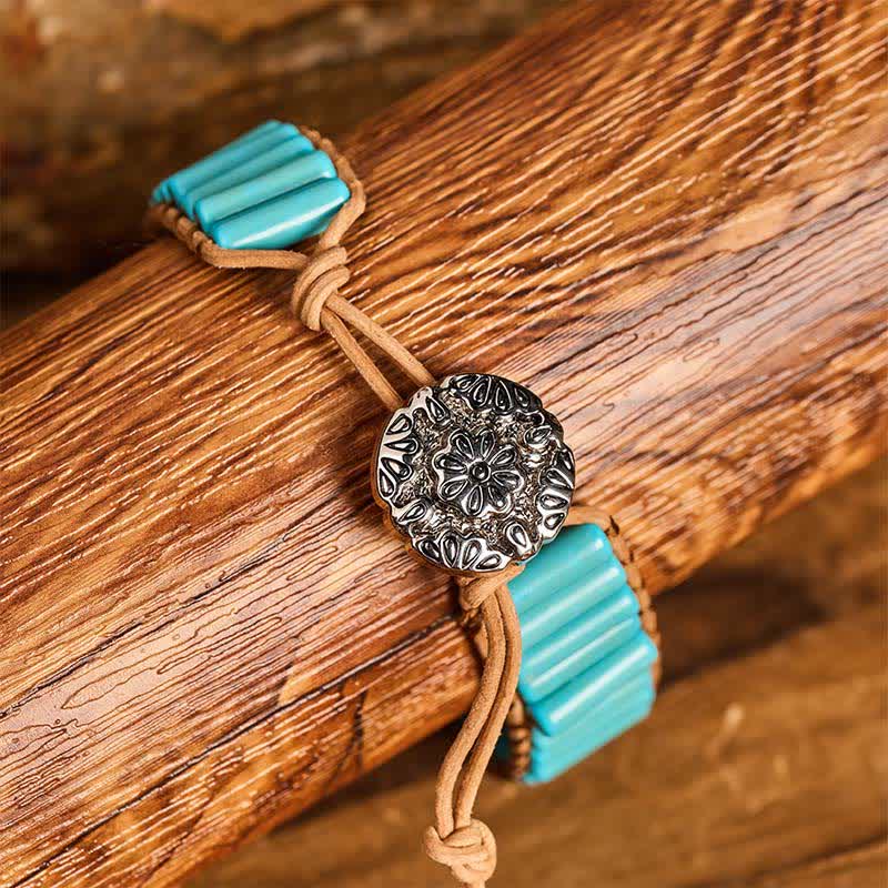 Bracelet en cuir marron avec perles tubulaires turquoise style cowgirl western - image 1