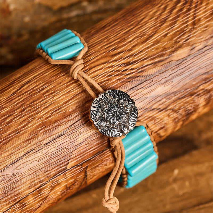 Bracelet en cuir marron avec perles tubulaires turquoise style cowgirl western - image 1