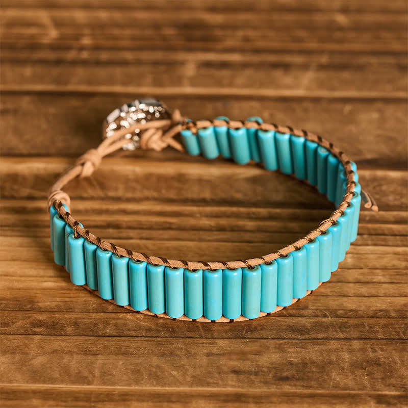 Bracelet en cuir marron avec perles tubulaires turquoise style cowgirl western - image 3
