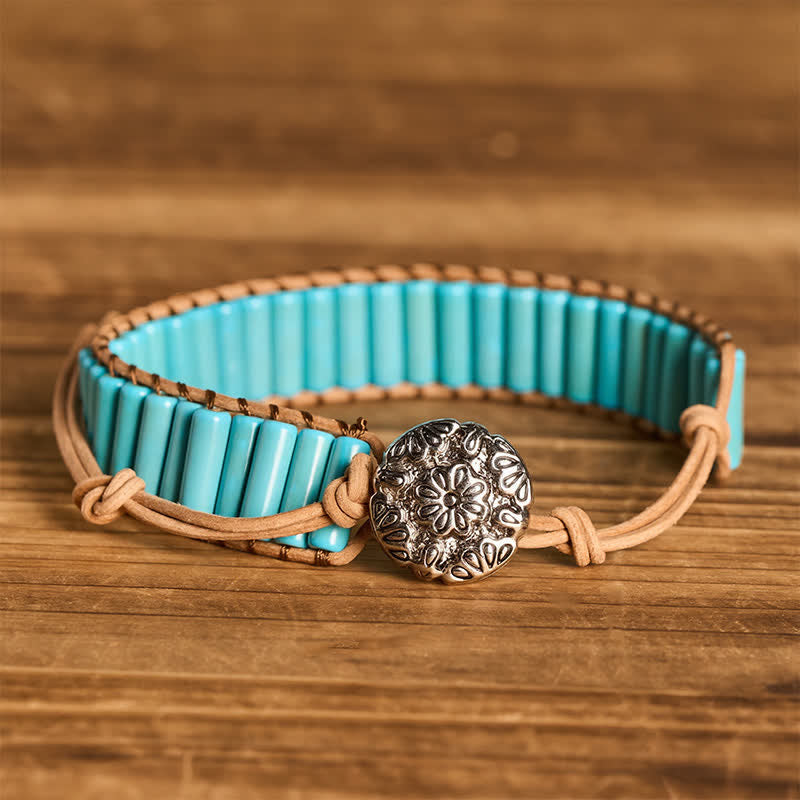 Bracelet en cuir marron avec perles tubulaires turquoise style cowgirl western - Turquoise - image 0