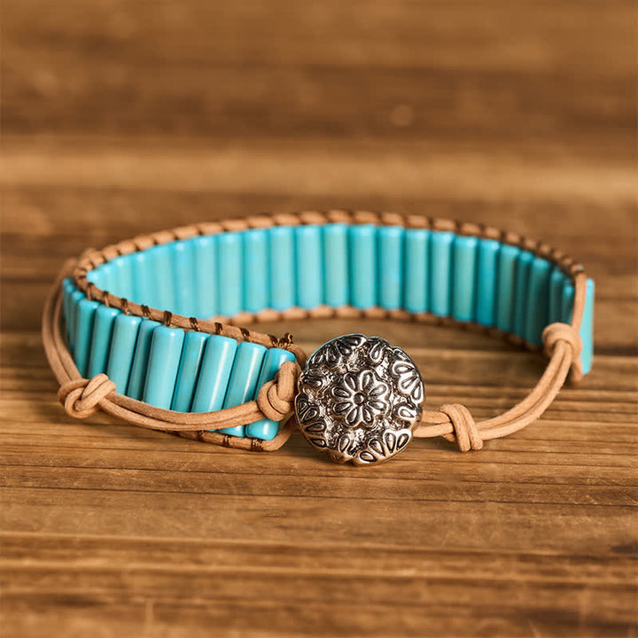 Bracelet en cuir marron avec perles tubulaires turquoise style cowgirl western - Turquoise - image 0