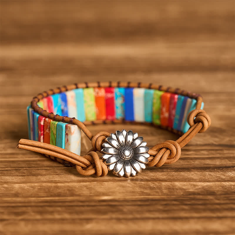 Bracelet en cuir turquoise avec bouton tournesol - Multicolore - image 0