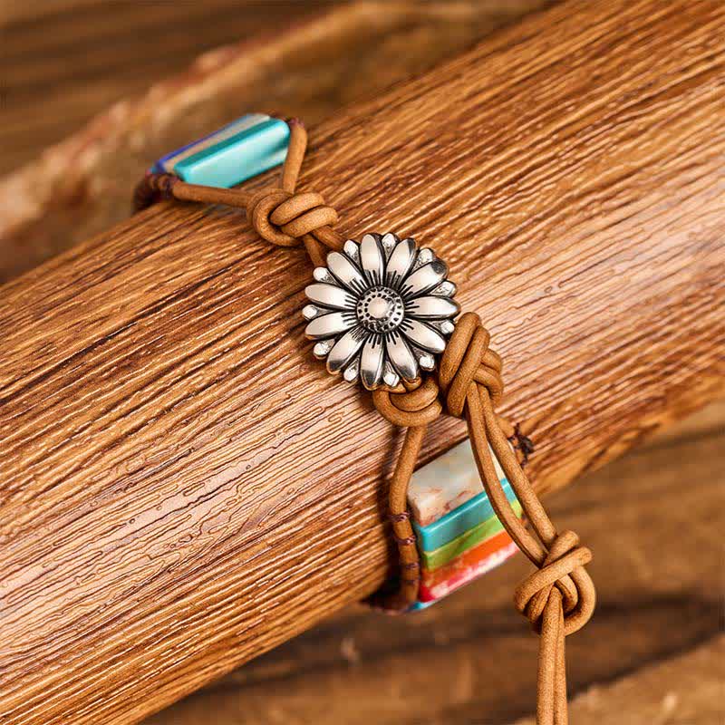 Bracelet en cuir turquoise avec bouton tournesol - image 1