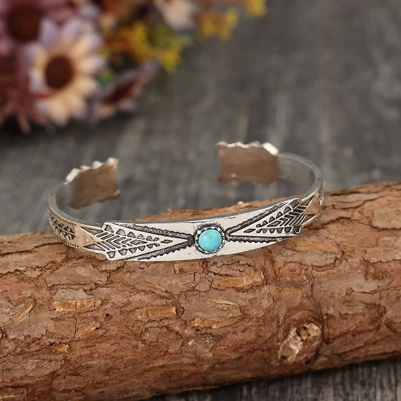 Bracelet manchette ouvert turquoise style bohème tribal désertique vintage - Argent - image 0