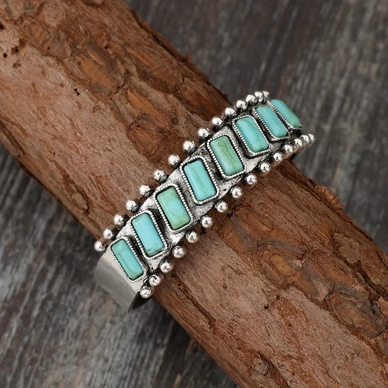 Bracelet manchette ouvert de style western en pierre turquoise rectangulaire - Argent - image 0