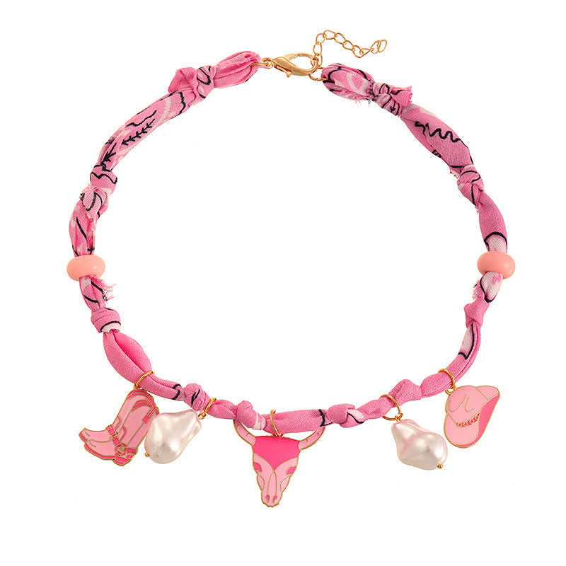Collier écharpe taureau Longhorn Sweet Howdy avec breloques bottes et chapeau - Rose - image 1