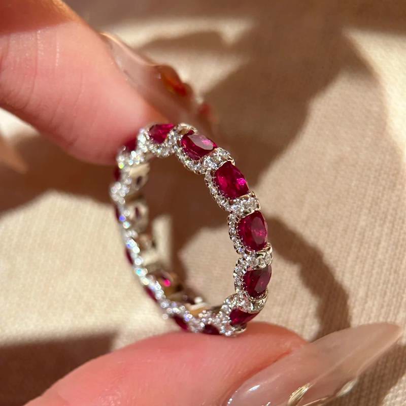 Bague d'éternité vintage sertie de pierres précieuses colorées et de zircon pavé, bague empilable pour femme - Rouge - US 9 - image 1
