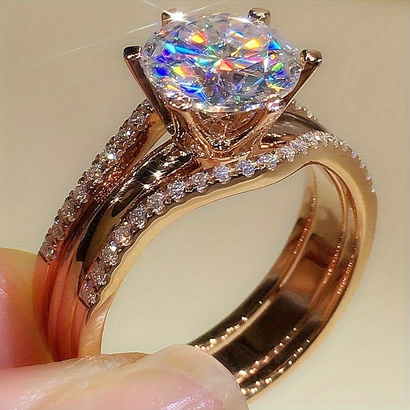 Bague de fiançailles/alliance pour femme avec anneau fendu serti de zirconiums cubiques à six griffes - image 1