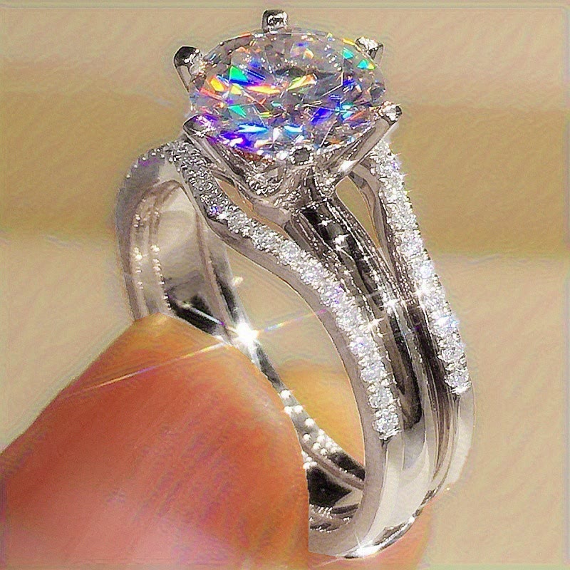 Bague de fiançailles/alliance pour femme avec anneau fendu serti de zirconiums cubiques à six griffes - Argent - 10 - image 3