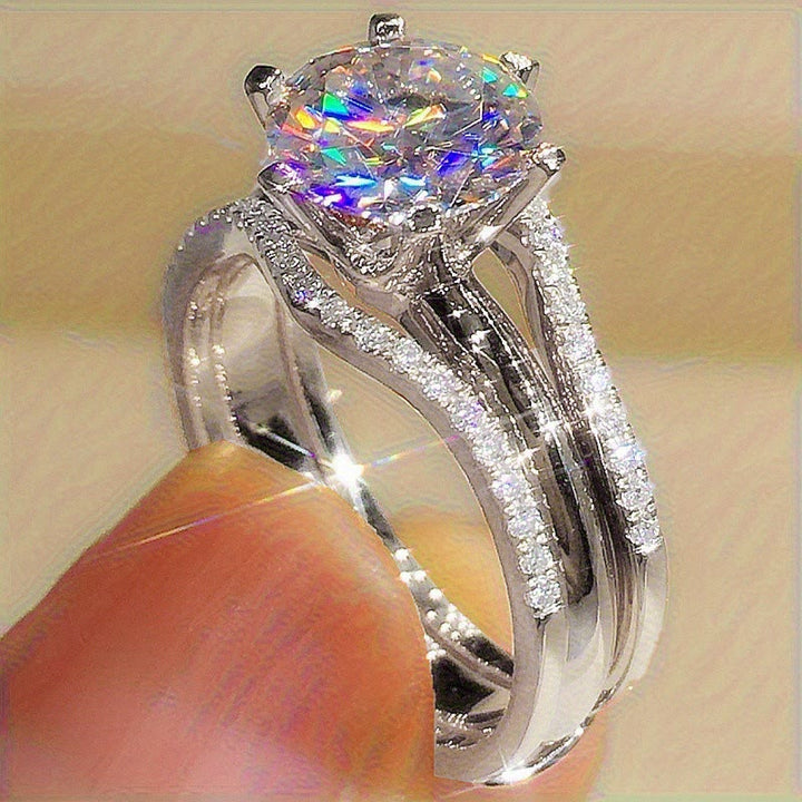 Bague de fiançailles/alliance pour femme avec anneau fendu serti de zirconiums cubiques à six griffes - Argent - 10 - image 3