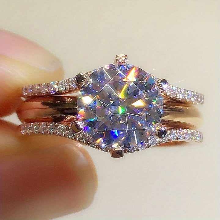 Bague de fiançailles/alliance pour femme avec anneau fendu serti de zirconiums cubiques à six griffes - image 2