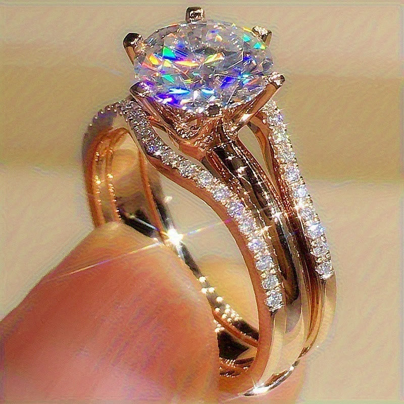 Bague de fiançailles/alliance pour femme avec anneau fendu serti de zirconiums cubiques à six griffes - Or - 10 - image 0