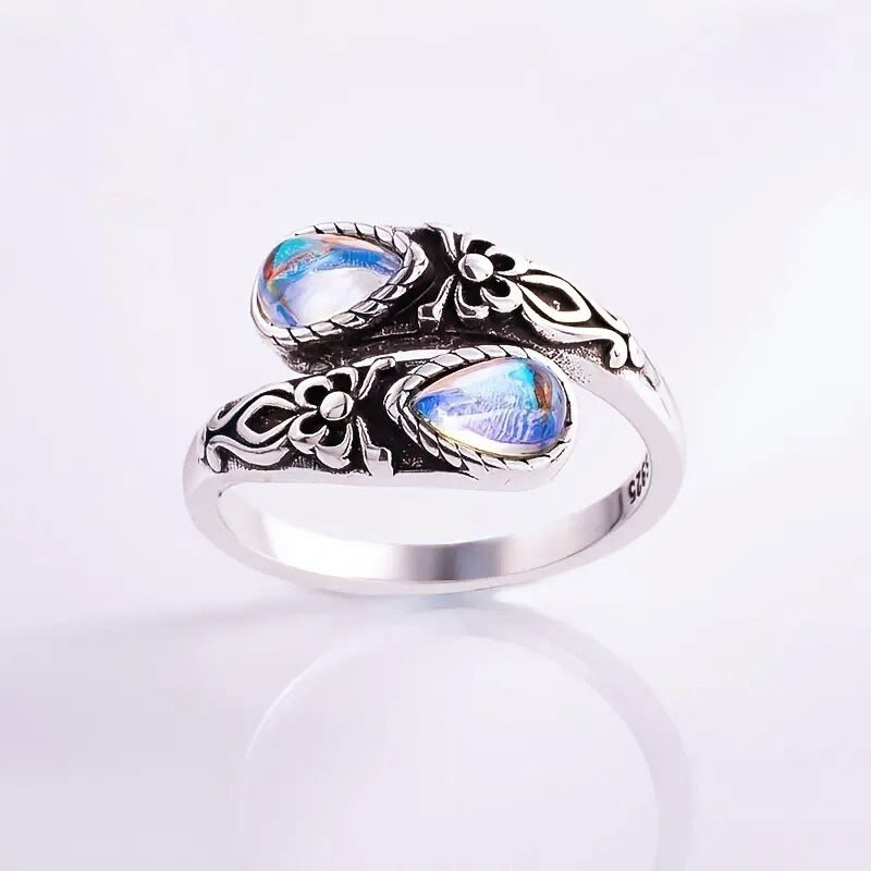 Bague vintage à motif floral sculpté, ornée d'une pierre en forme de larme, ouverte et ajustable pour femme - Style n° 1 - image 0