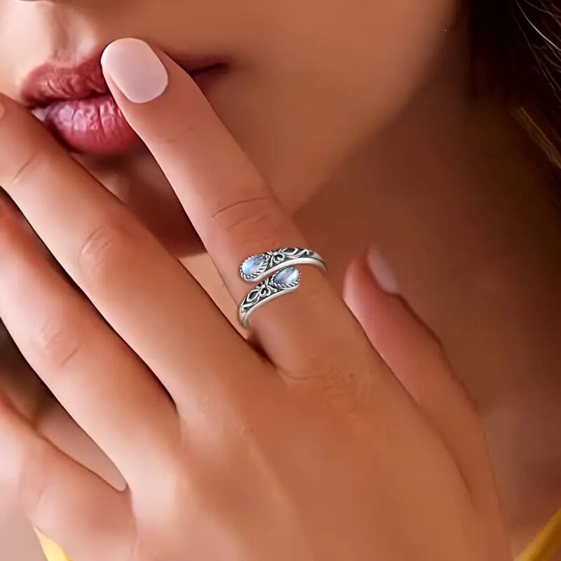 Bague vintage à motif floral sculpté, ornée d'une pierre en forme de larme, ouverte et ajustable pour femme - image 1