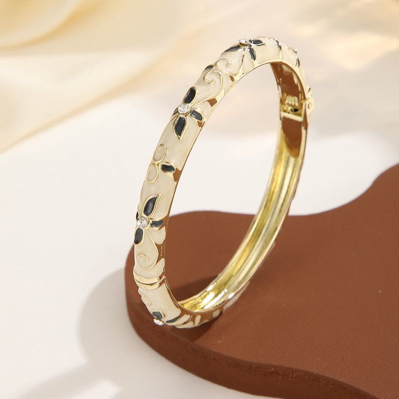 Bracelet jonc en émail doré à motif trèfle, bracelet à l'huile colorée pour femme - Beige et noir - image 9