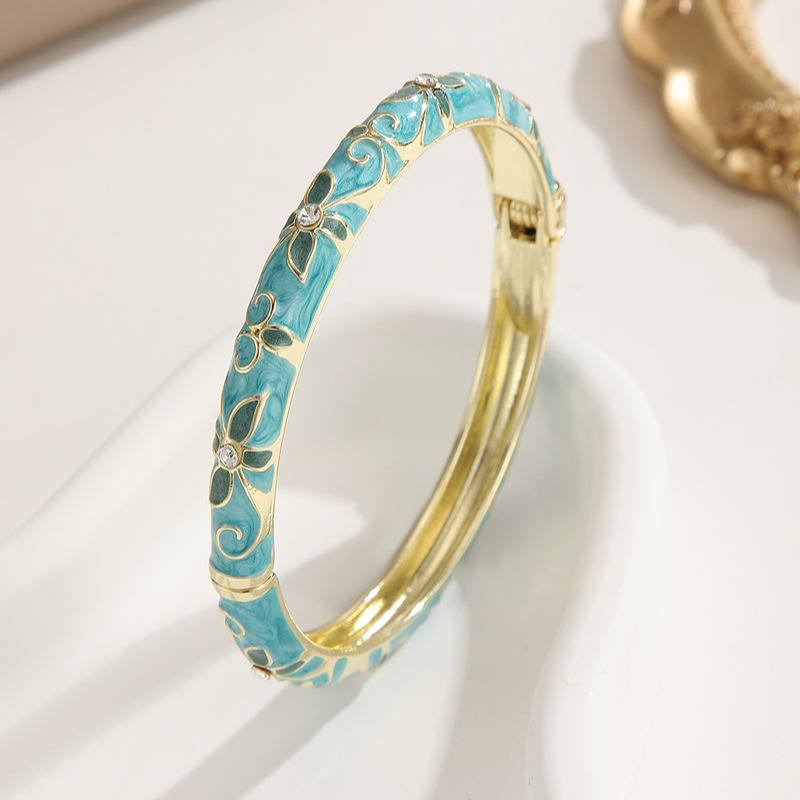 Bracelet jonc en émail doré à motif trèfle, bracelet à l'huile colorée pour femme - Bleu clair - image 6
