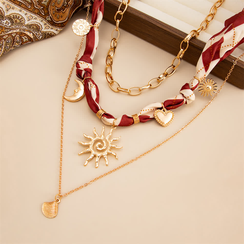 Ensemble de 3 pièces : foulard bandana et collier à motif losanges bordeaux soleil et lune - image 1