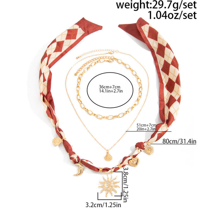 Ensemble de 3 pièces : foulard bandana et collier à motif losanges bordeaux soleil et lune - image 4