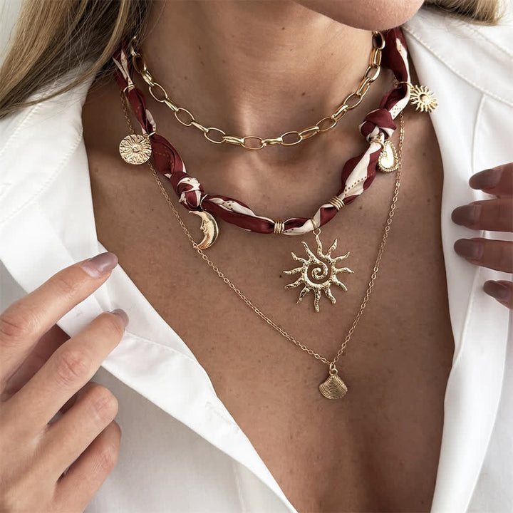 Ensemble de 3 pièces : foulard bandana et collier à motif losanges bordeaux soleil et lune - 3 pièces - image 0
