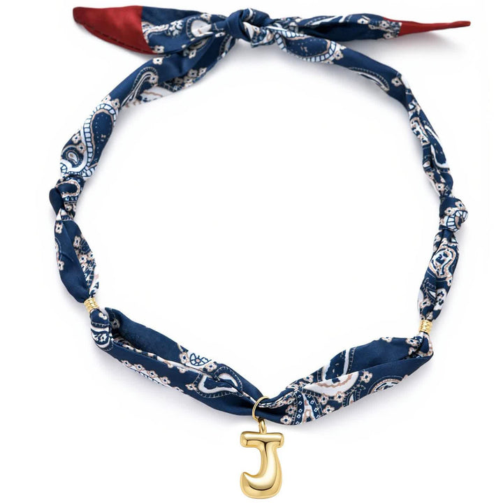 Collier foulard bandana bleu marine à motifs cachemire avec pendentif lettre initiale en forme de bulle dorée - J - image 14