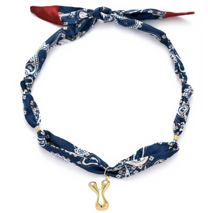 Collier foulard bandana bleu marine à motifs cachemire avec pendentif lettre initiale en forme de bulle dorée - Y - image 29