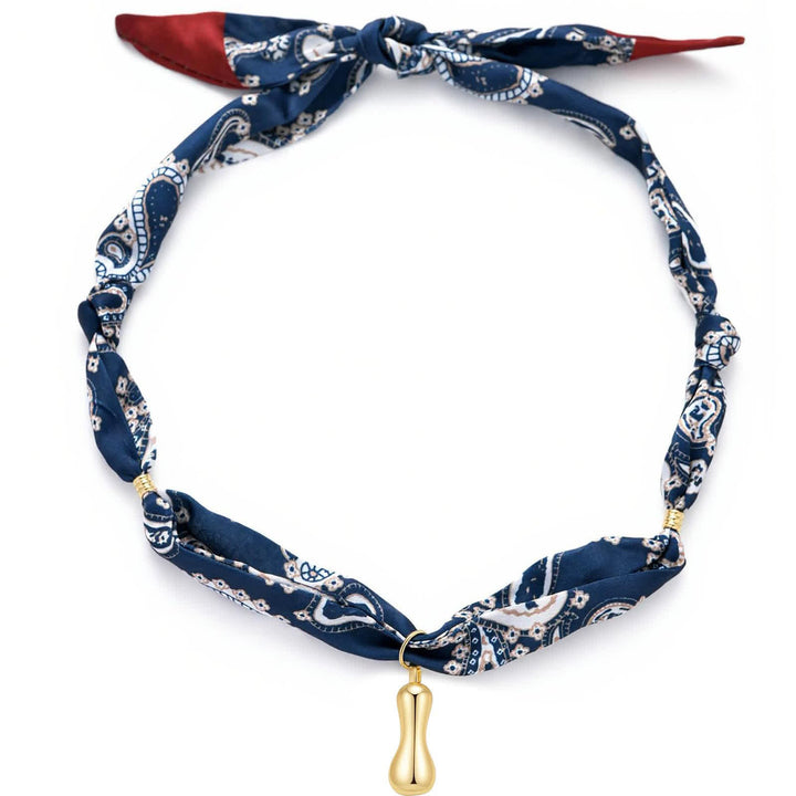 Collier foulard bandana bleu marine à motifs cachemire avec pendentif lettre initiale en forme de bulle dorée - je - image 13