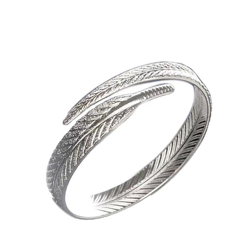 Bracelet jonc vintage à motif plume ouvert, ajustable, couleur argent, pour femme - image 11