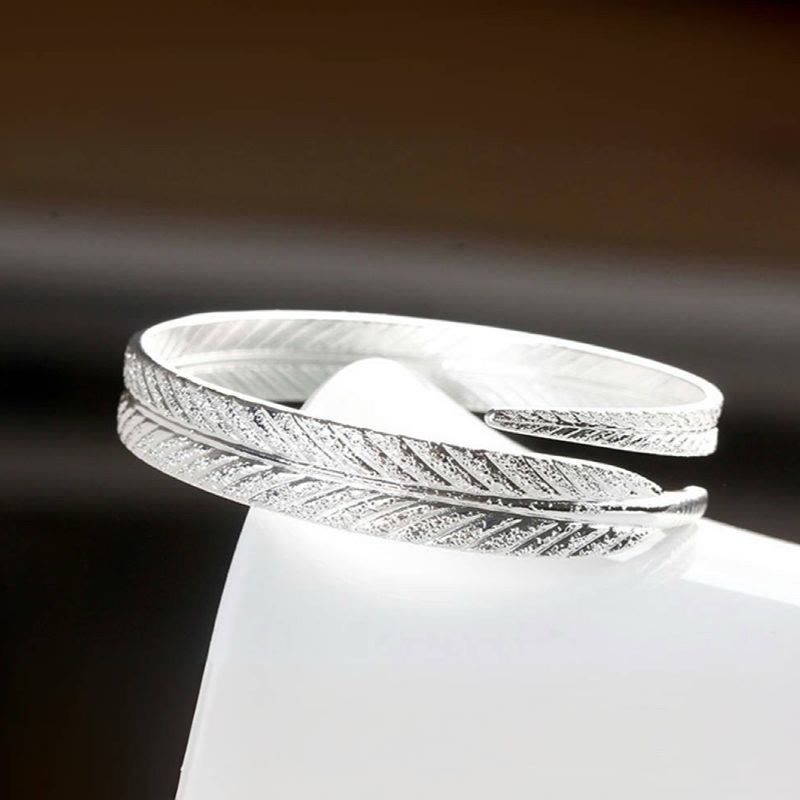 Bracelet jonc vintage à motif plume ouvert, ajustable, couleur argent, pour femme - image 3