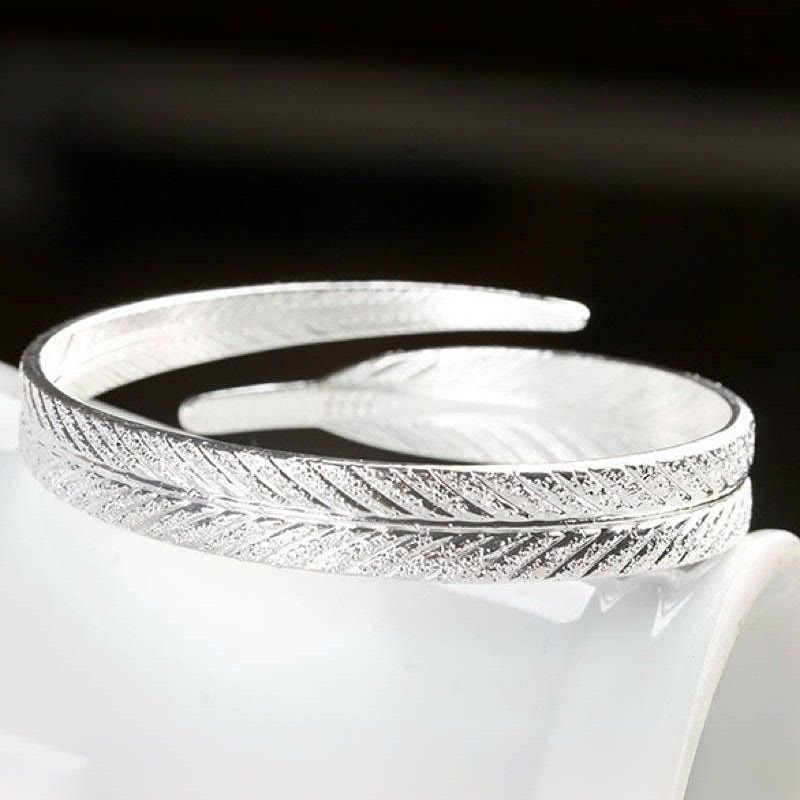 Bracelet jonc vintage à motif plume ouvert, ajustable, couleur argent, pour femme - image 4