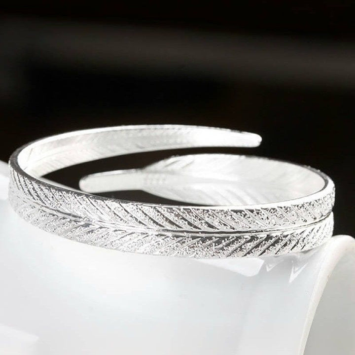 Bracelet jonc vintage à motif plume ouvert, ajustable, couleur argent, pour femme - image 4