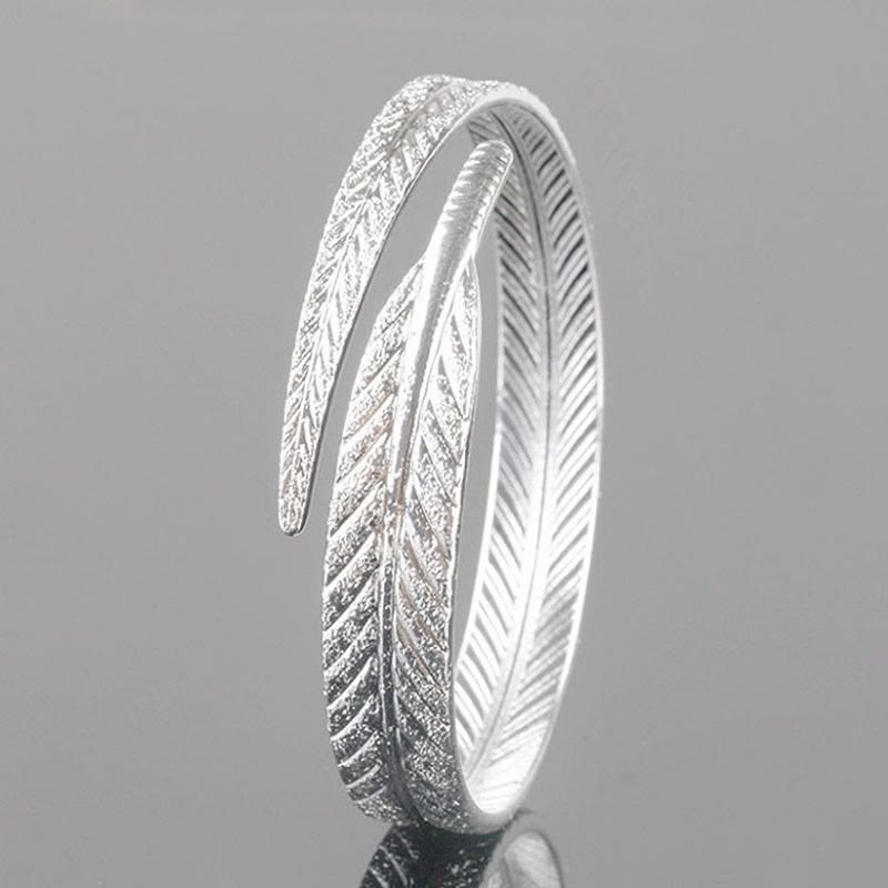 Bracelet jonc vintage à motif plume ouvert, ajustable, couleur argent, pour femme - image 0