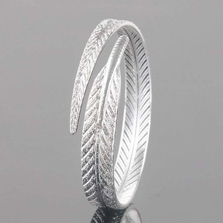 Bracelet jonc vintage à motif plume ouvert, ajustable, couleur argent, pour femme - image 0