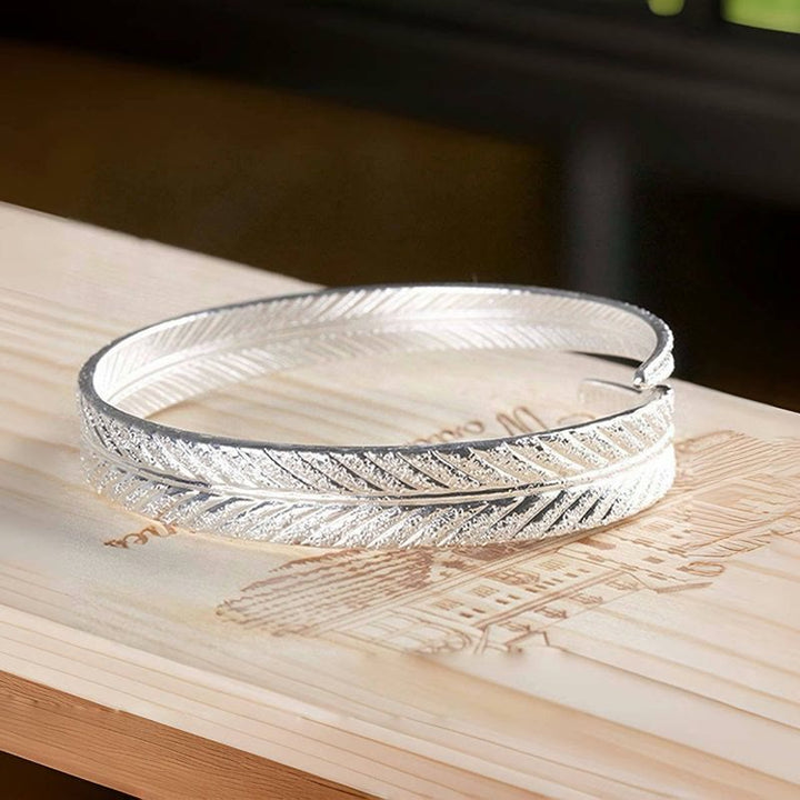 Bracelet jonc vintage à motif plume ouvert, ajustable, couleur argent, pour femme - image 2